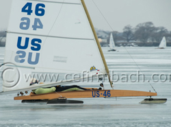 DN Ice Boat racer US46 Paul Goodwin at the December 2013 Central Lakes Regional Championship on Anchor Bay, Michigan